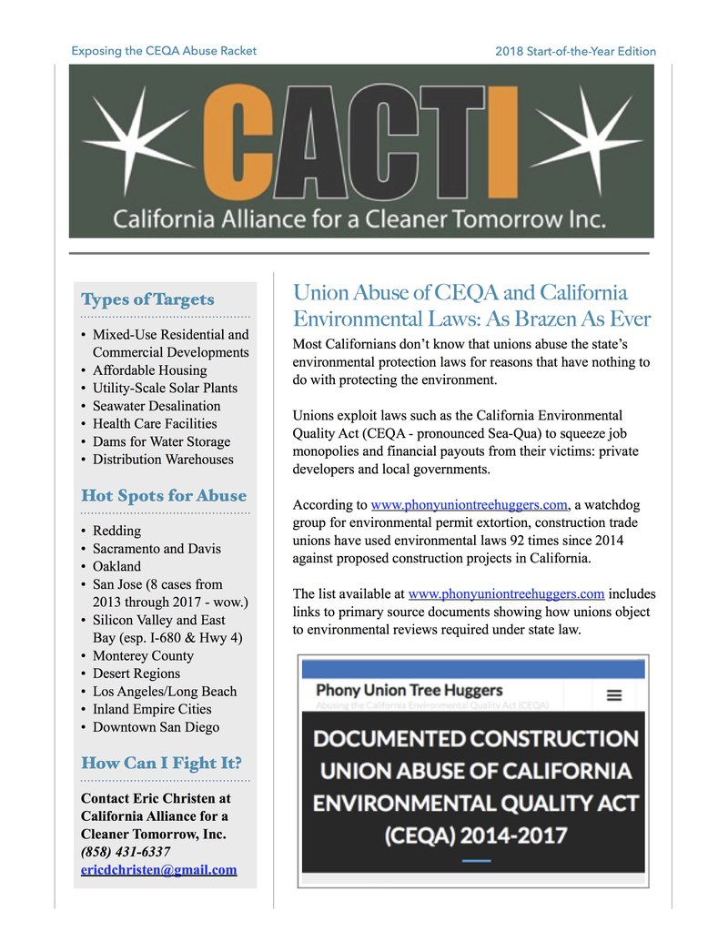 CACTI Newsletter 2018 Start-of-the-Year Edition - Union CEQA Abuse page 1
